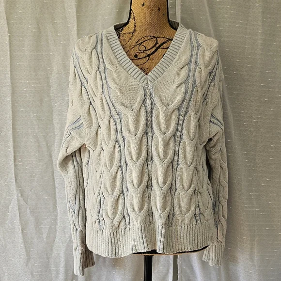 Free People Washed Cable V Neck Sweater Vintage Sky Blue Sz Small - Picture 3 of 8